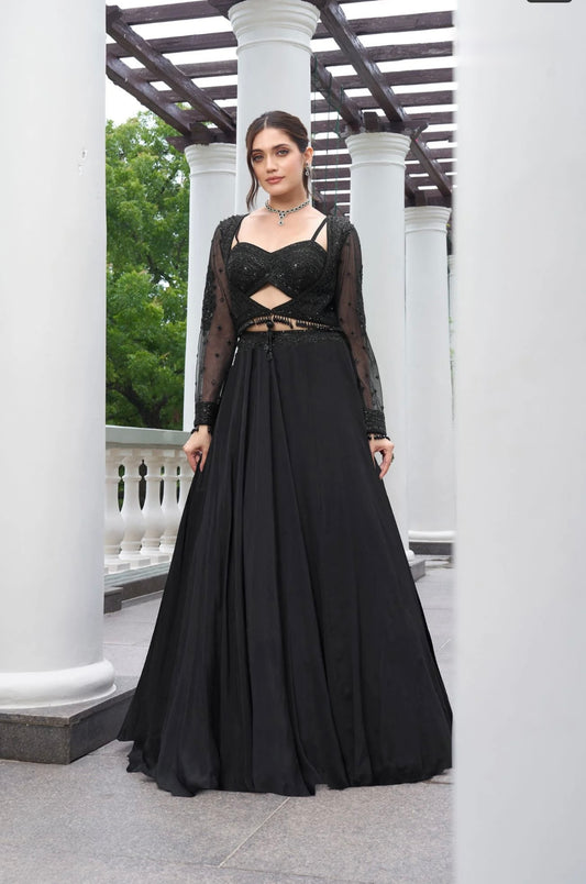 Midnight Black 3-Piece Embellished Bustier & Skirt Set with Sheer Jacket