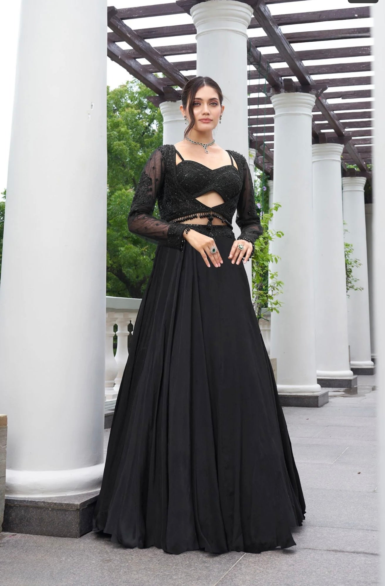 Midnight Black 3-Piece Embellished Bustier & Skirt Set with Sheer Jacket
