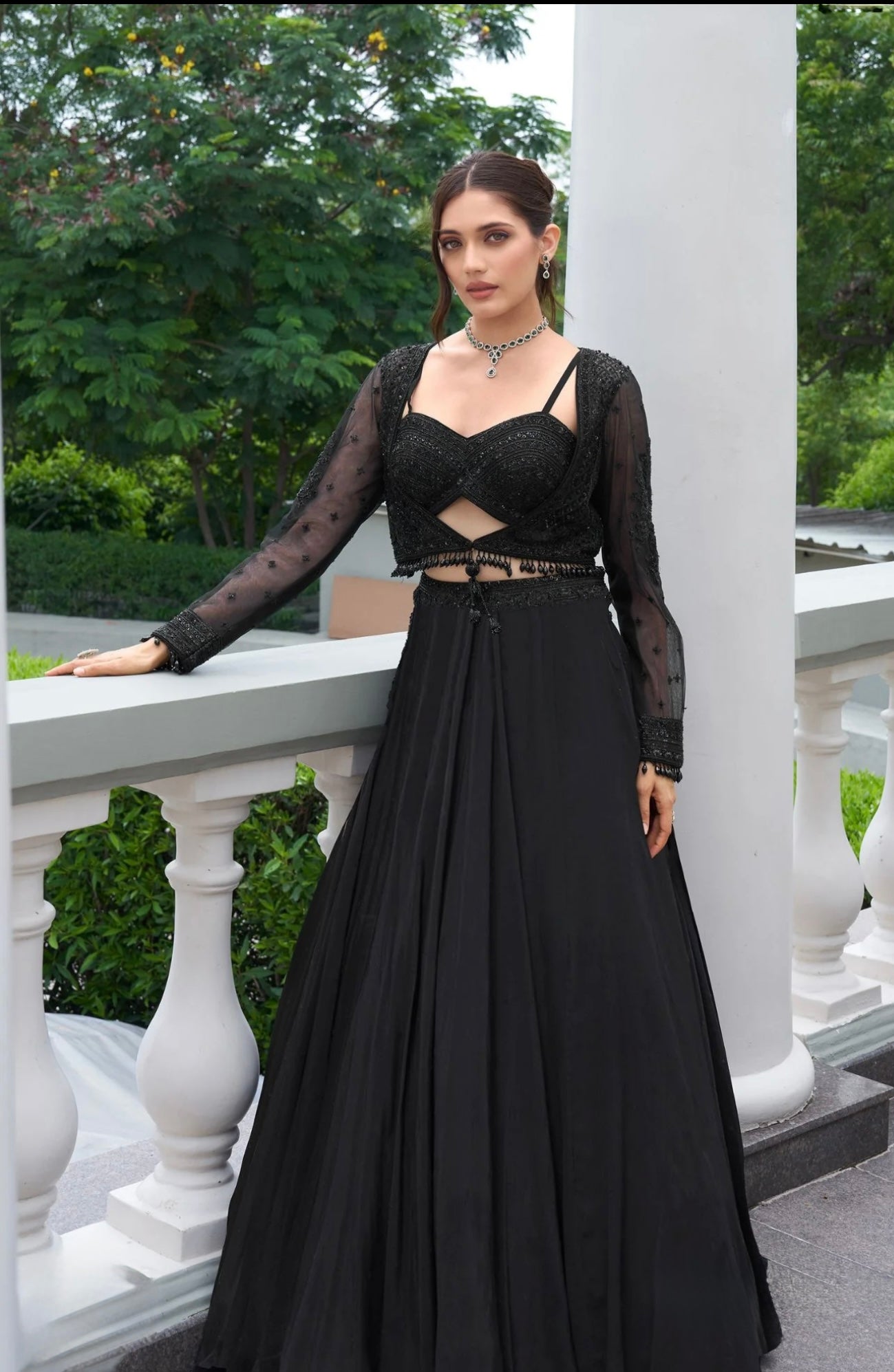 Midnight Black 3-Piece Embellished Bustier & Skirt Set with Sheer Jacket