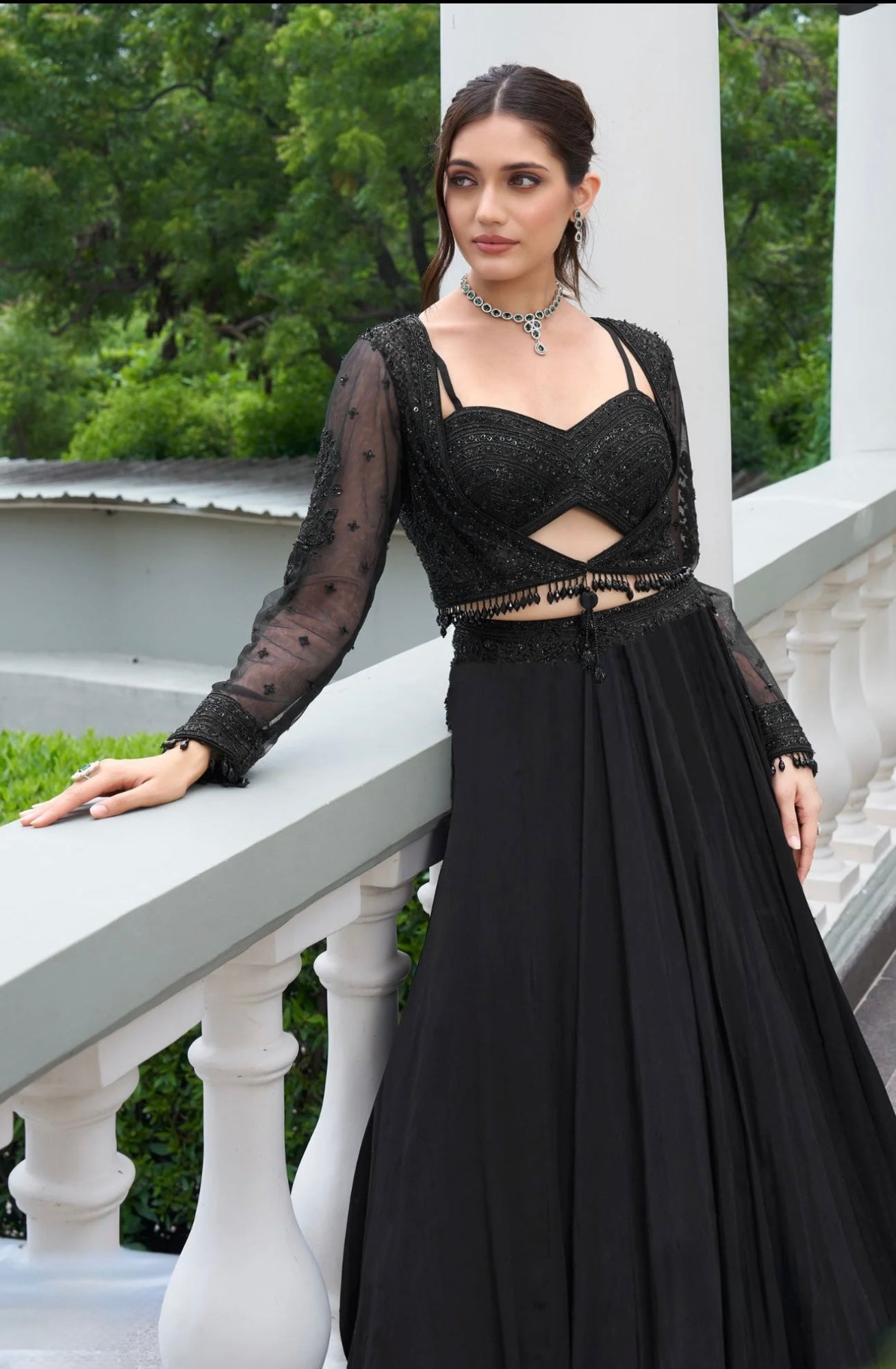 Midnight Black 3-Piece Embellished Bustier & Skirt Set with Sheer Jacket