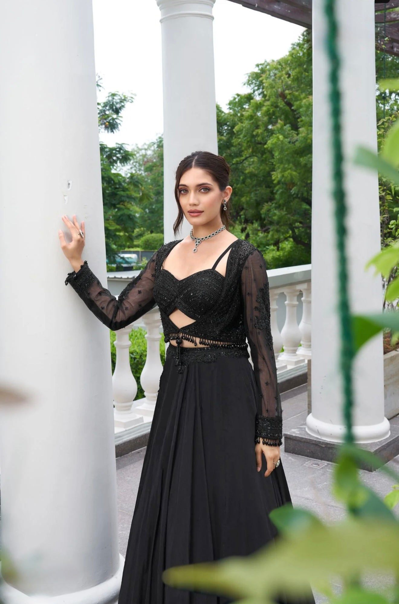 Midnight Black 3-Piece Embellished Bustier & Skirt Set with Sheer Jacket