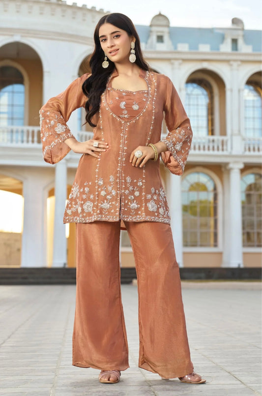 Luminous Copper Tissue Silk Embroidered Kurta & Palazzo Set