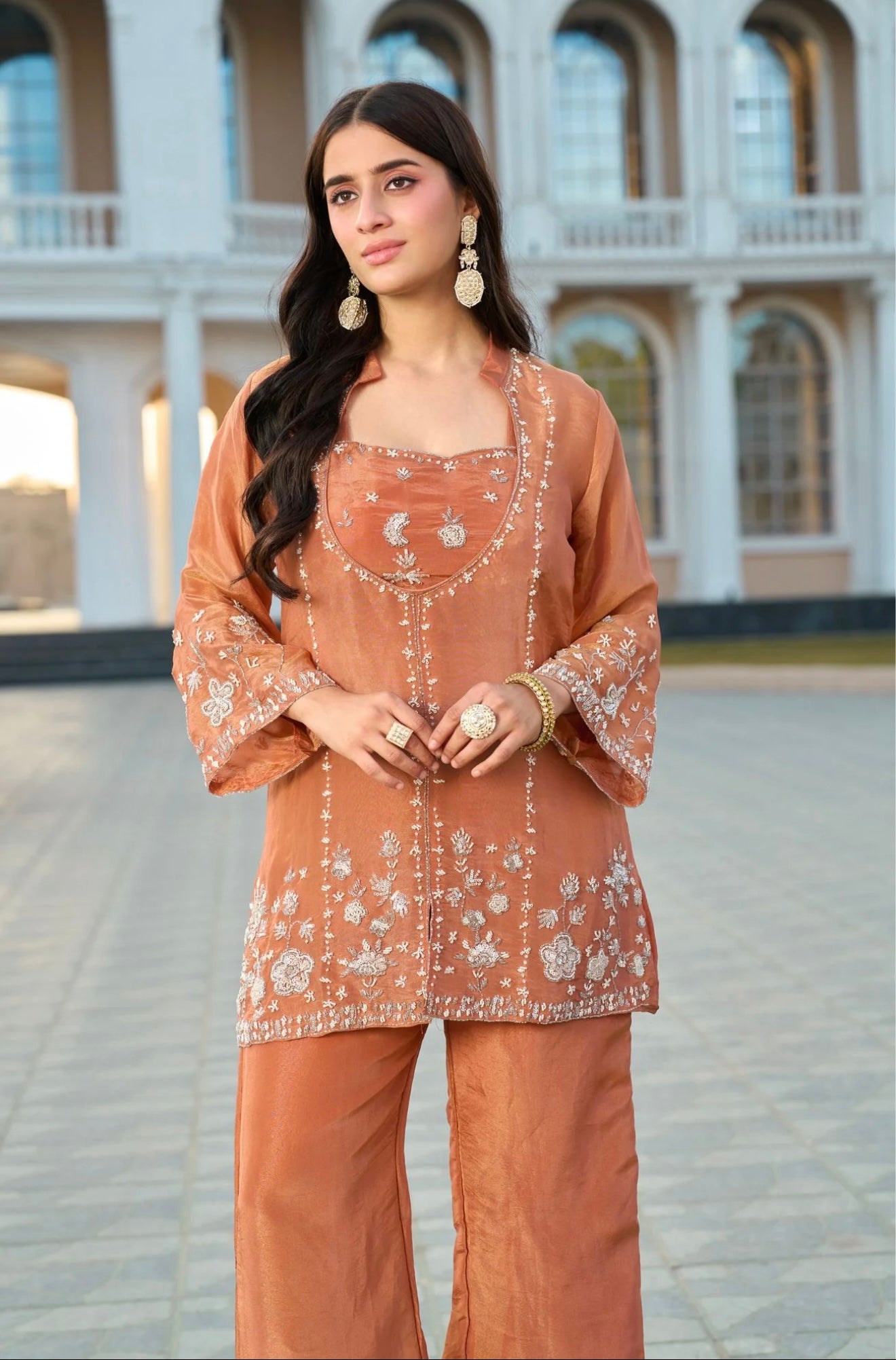 Luminous Copper Tissue Silk Embroidered Kurta & Palazzo Set