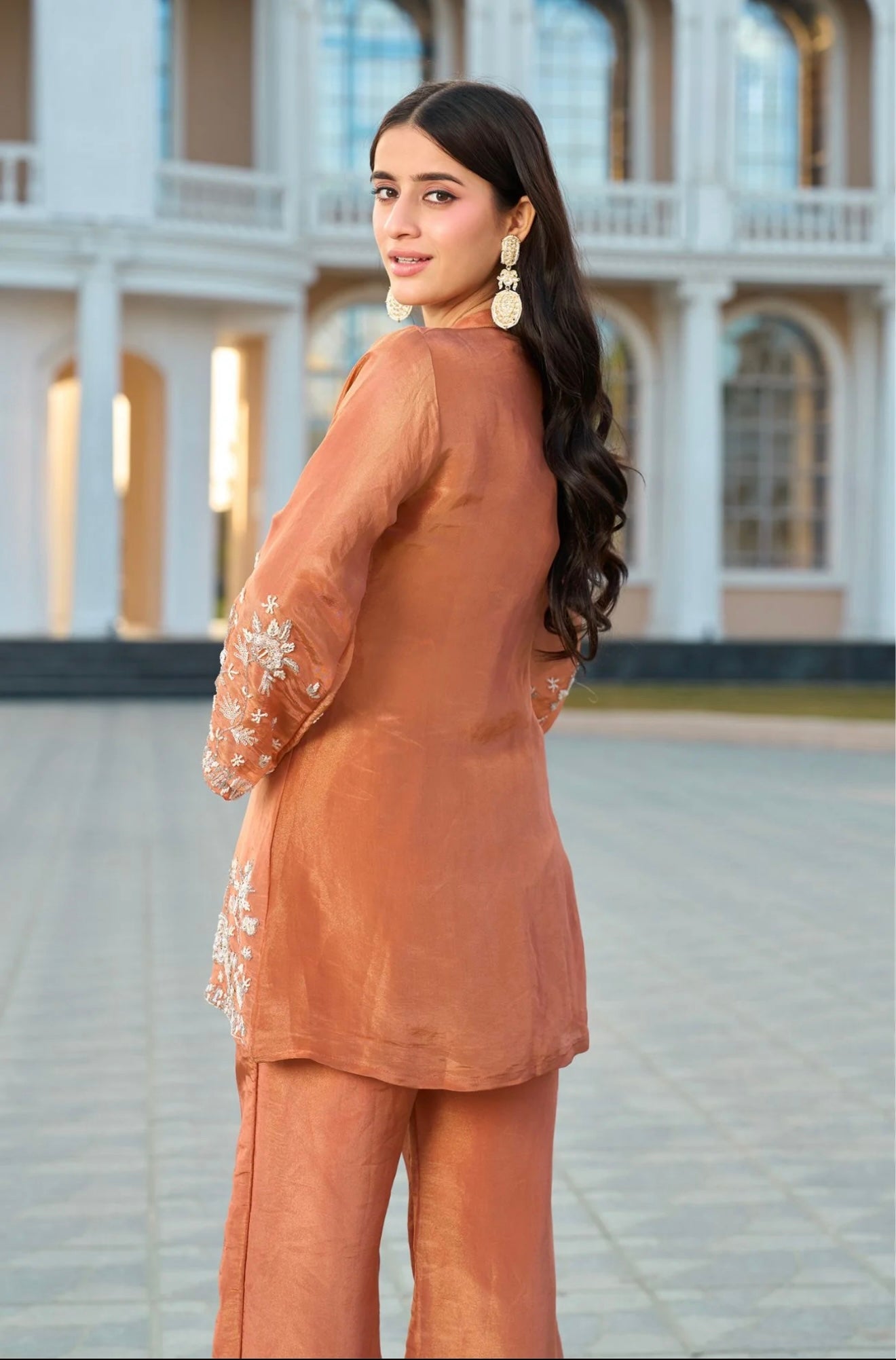 Luminous Copper Tissue Silk Embroidered Kurta & Palazzo Set