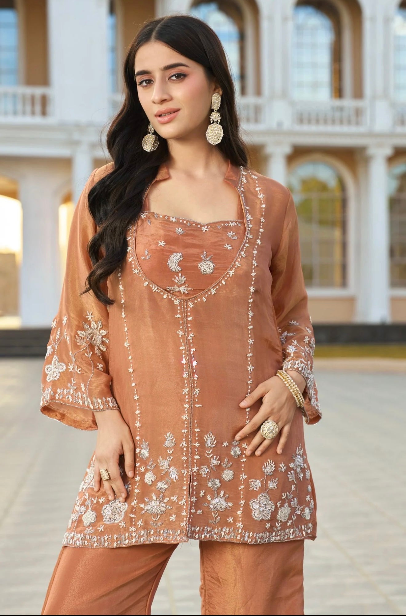 Luminous Copper Tissue Silk Embroidered Kurta & Palazzo Set