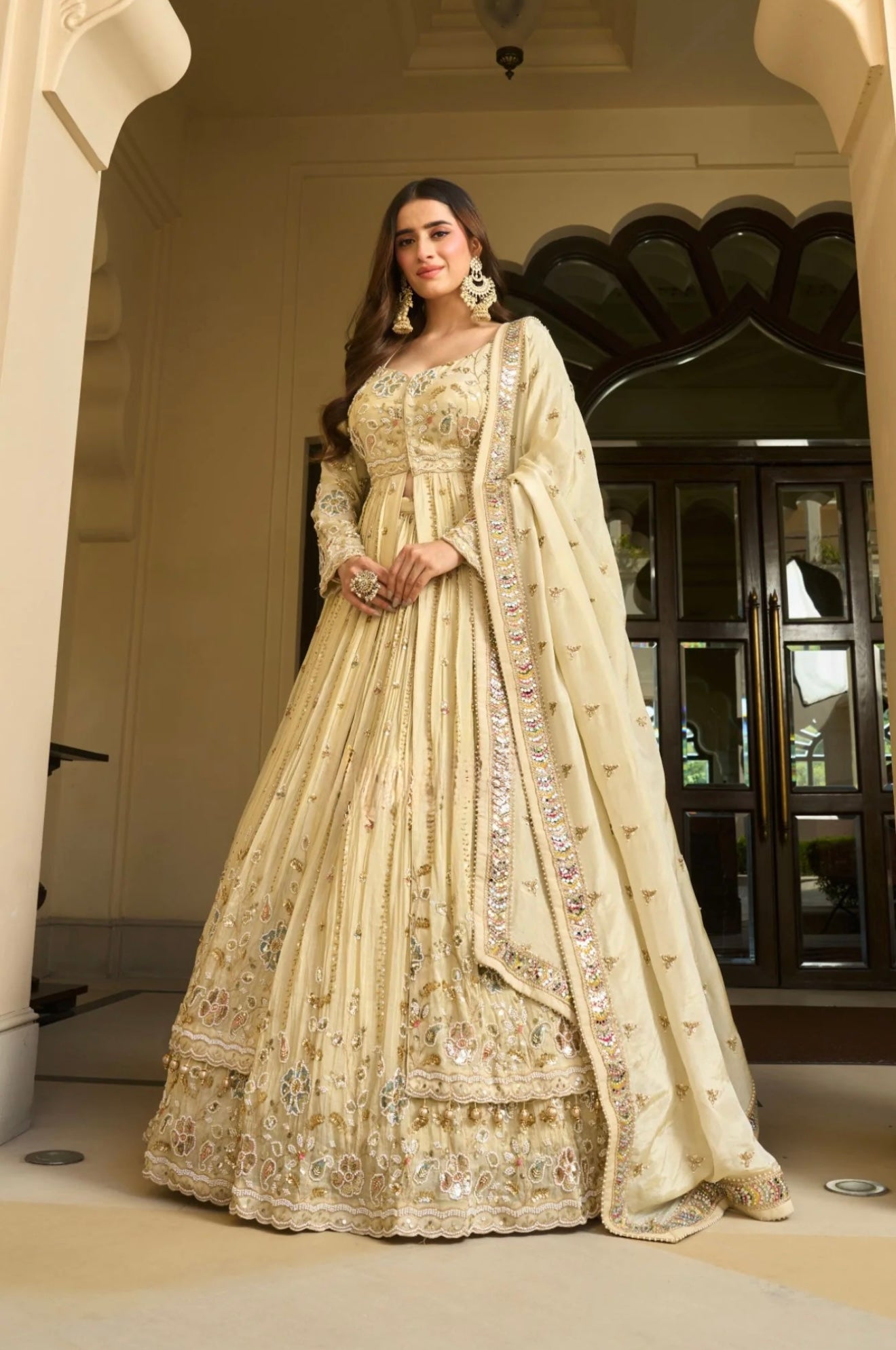 Buttercream Ivory Mirror-Work Layered Anarkali & Skirt Set
