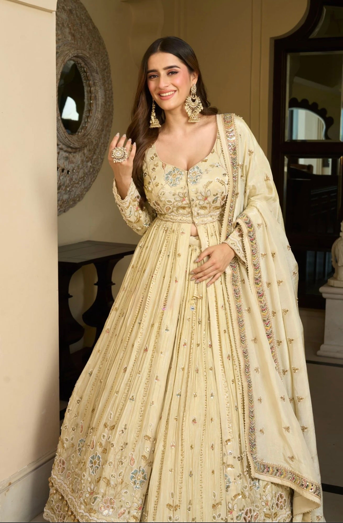 Buttercream Ivory Mirror-Work Layered Anarkali & Skirt Set