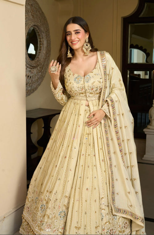 Buttercream Ivory Mirror-Work Layered Anarkali & Skirt Set