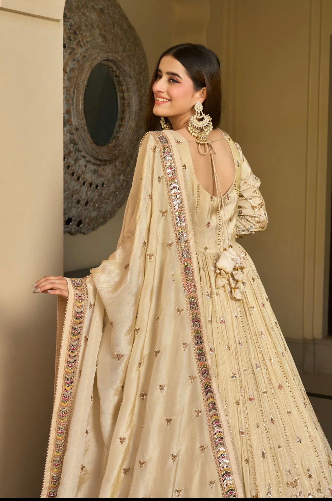 Buttercream Ivory Mirror-Work Layered Anarkali & Skirt Set