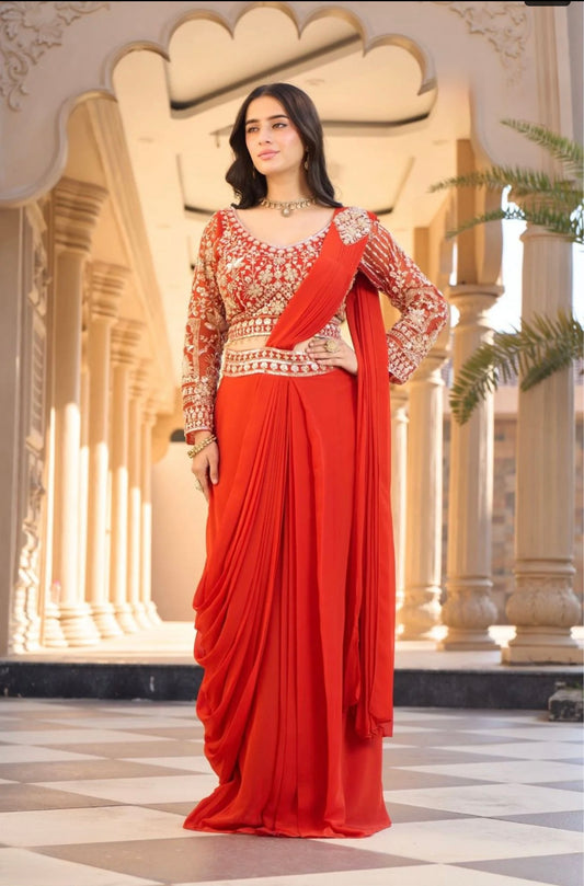 Vermilion Red Zari Embroidered Concept Saree with Cinched Belt