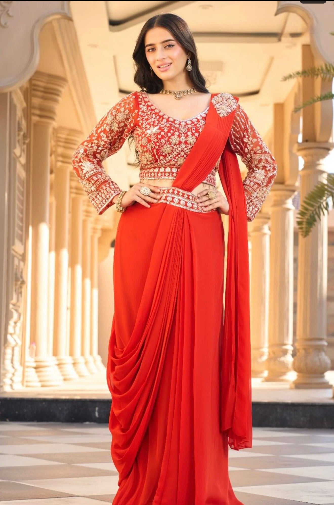 Vermilion Red Zari Embroidered Concept Saree with Cinched Belt