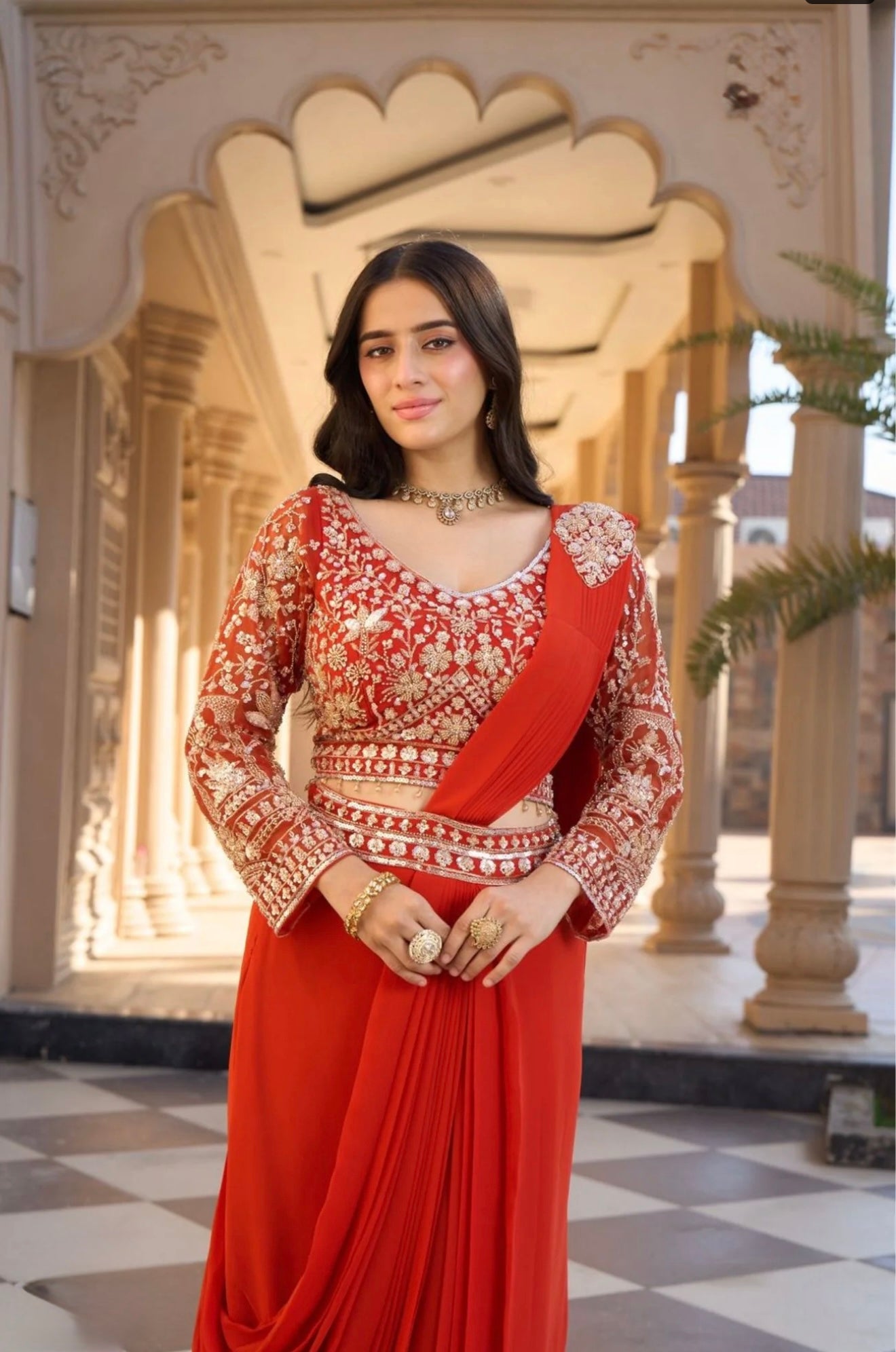 Vermilion Red Zari Embroidered Concept Saree with Cinched Belt