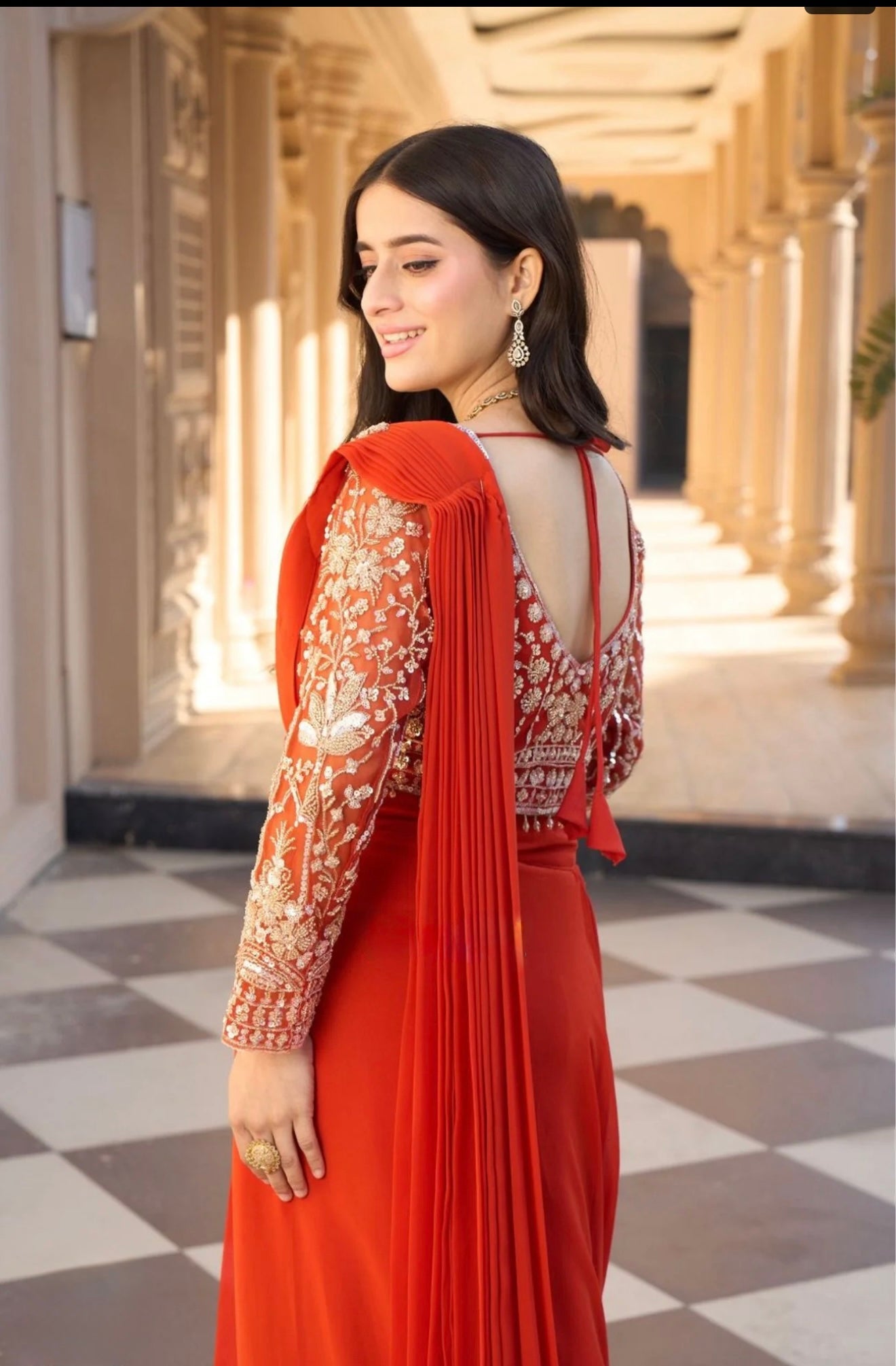 Vermilion Red Zari Embroidered Concept Saree with Cinched Belt