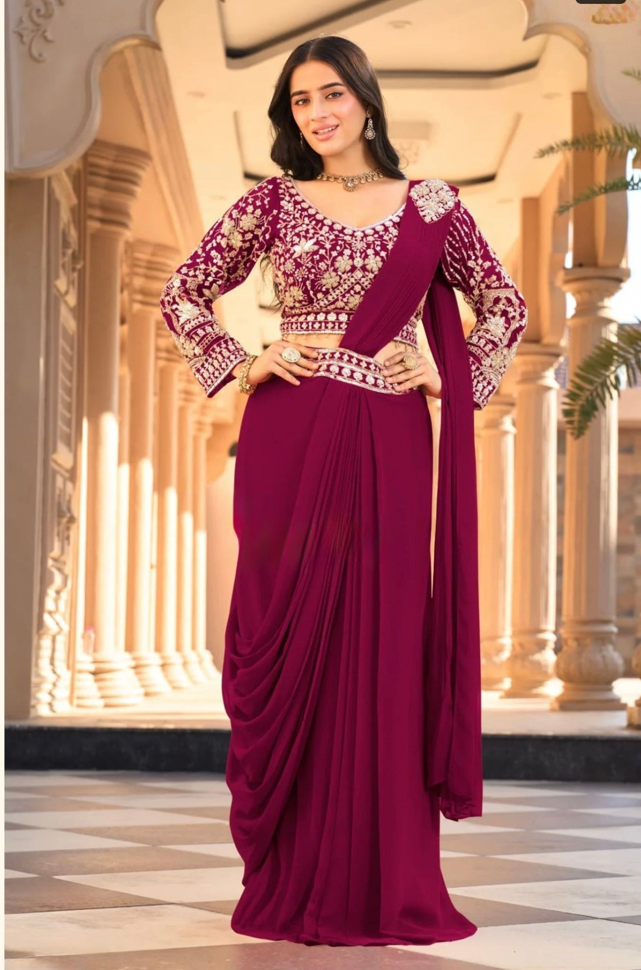 Crimson Red Pre-Draped Concept Saree with Embroidered Belt