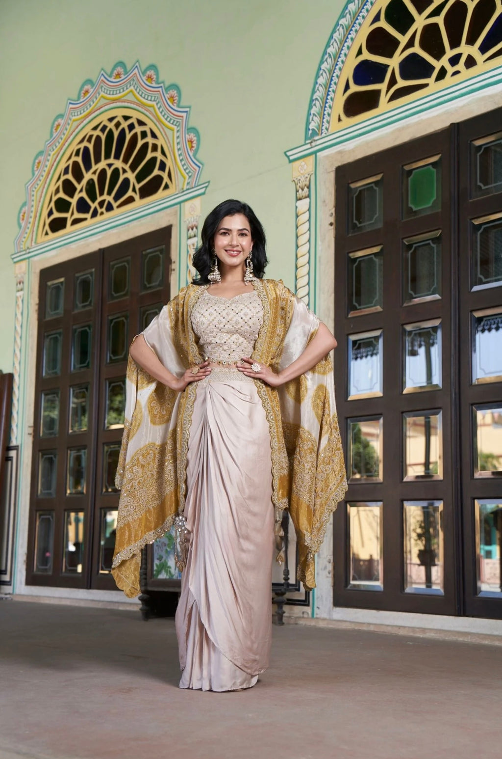 Champagne & Antique Gold Draped Skirt Set with Embroidered Cape