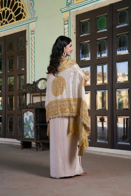 Champagne & Antique Gold Draped Skirt Set with Embroidered Cape