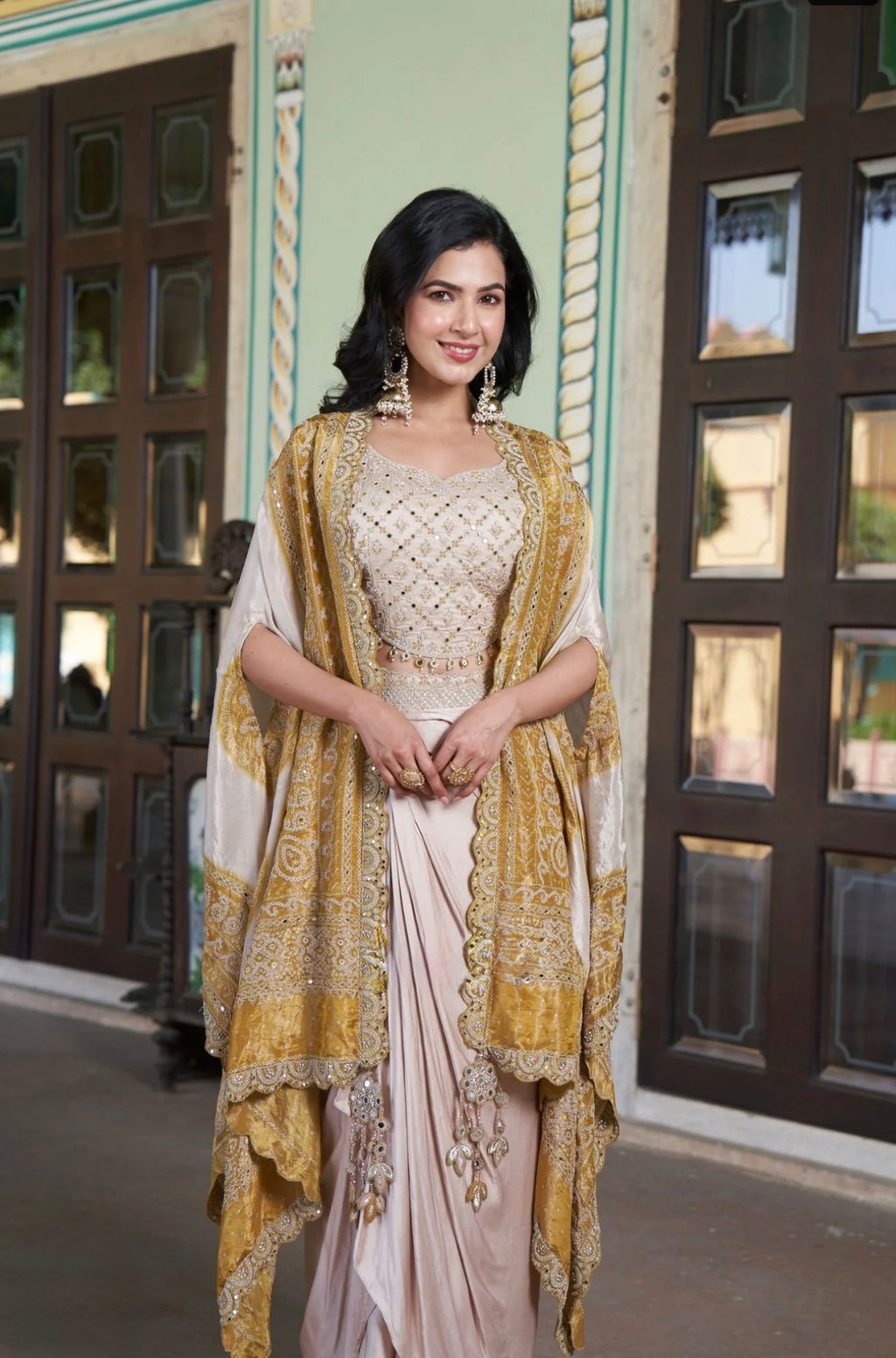 Champagne & Antique Gold Draped Skirt Set with Embroidered Cape