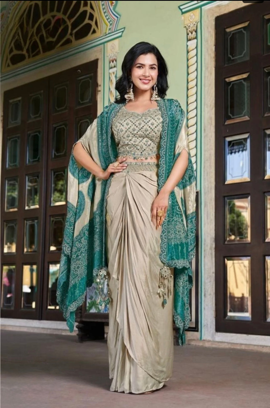 Champagne & Antique Gold Draped Skirt Set with Embroidered Cape