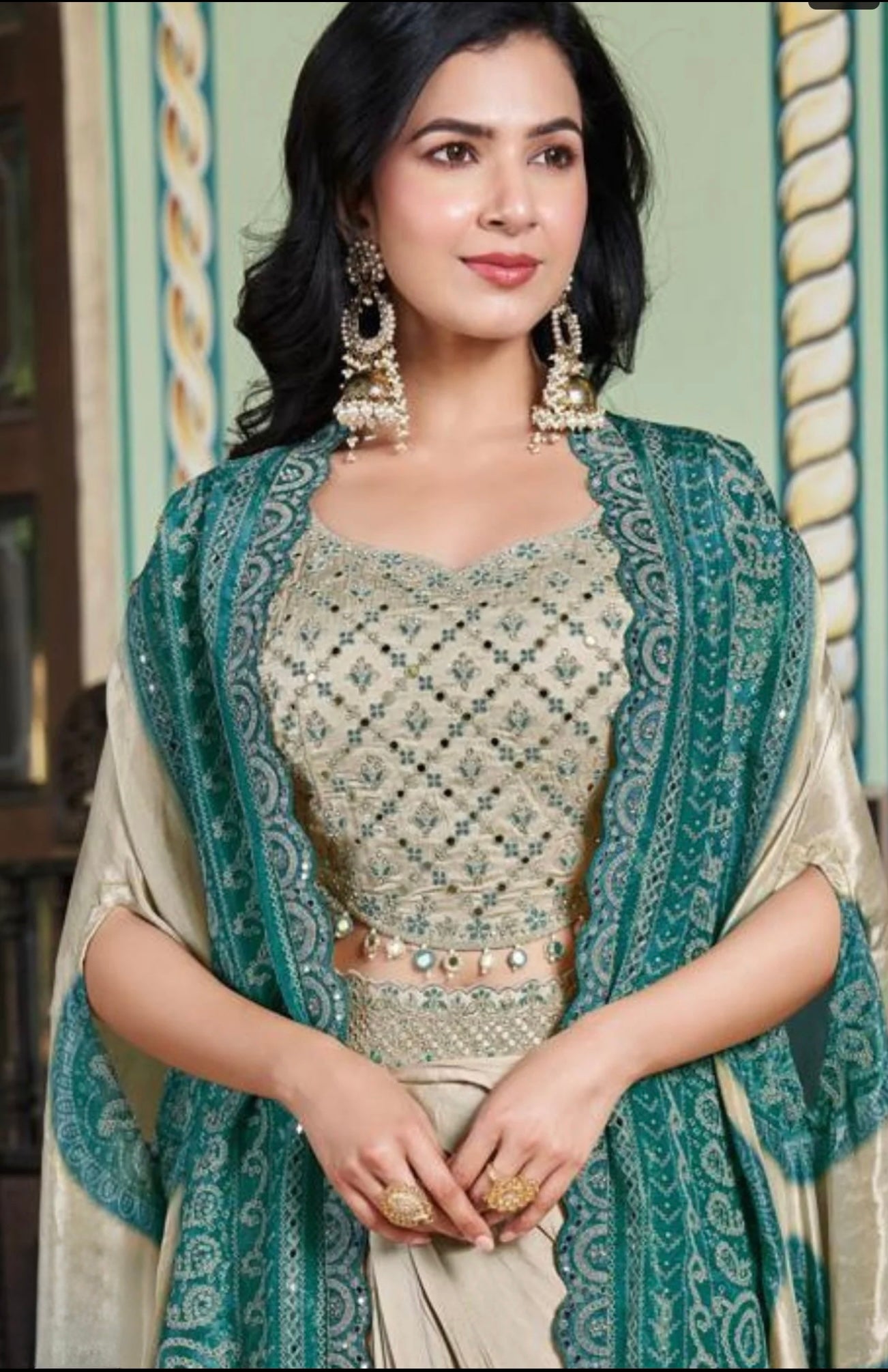 Champagne & Antique Gold Draped Skirt Set with Embroidered Cape