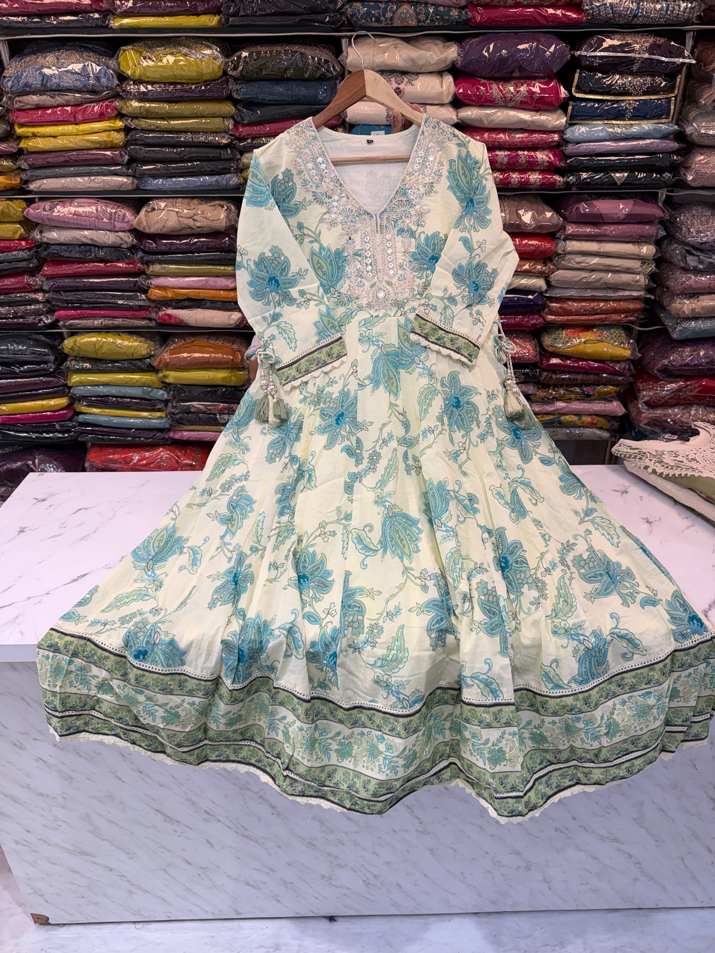 Ivory & Azure Blue Botanical Print Anarkali Suit Set with Embroidered Yoke