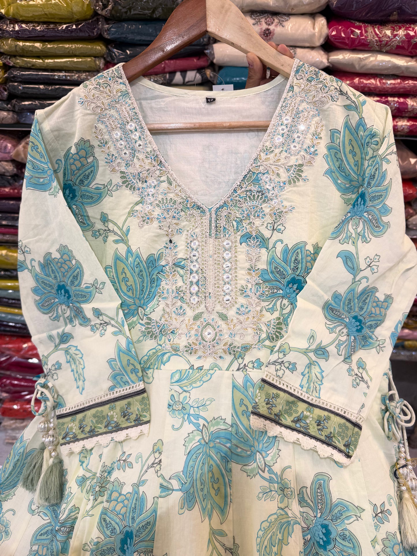 Ivory & Azure Blue Botanical Print Anarkali Suit Set with Embroidered Yoke