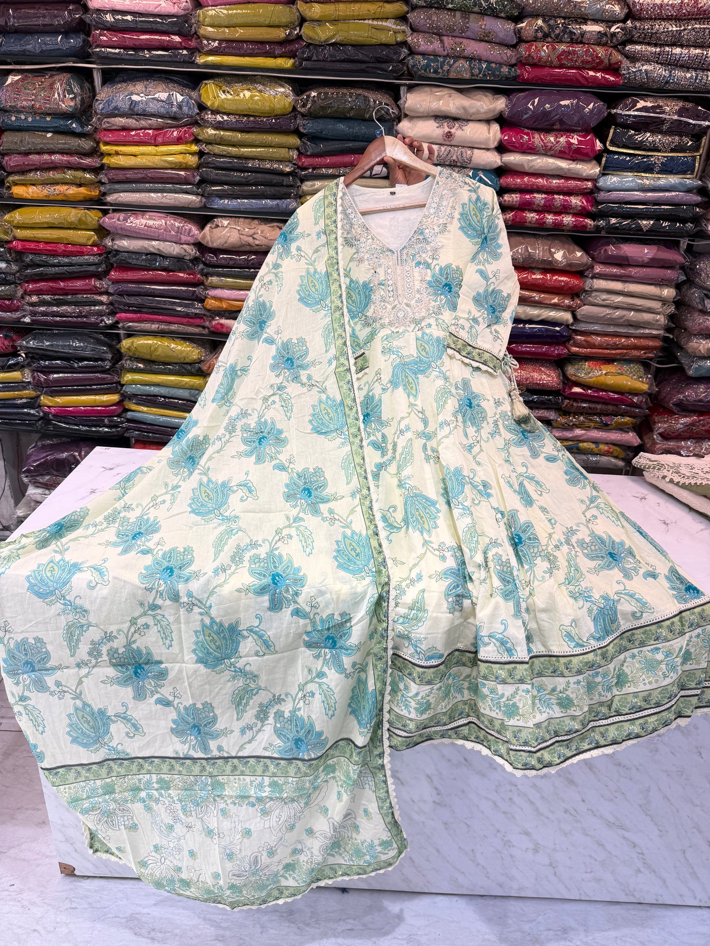 Ivory & Azure Blue Botanical Print Anarkali Suit Set with Embroidered Yoke