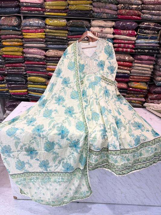 Ivory & Azure Blue Botanical Print Anarkali Suit Set with Embroidered Yoke