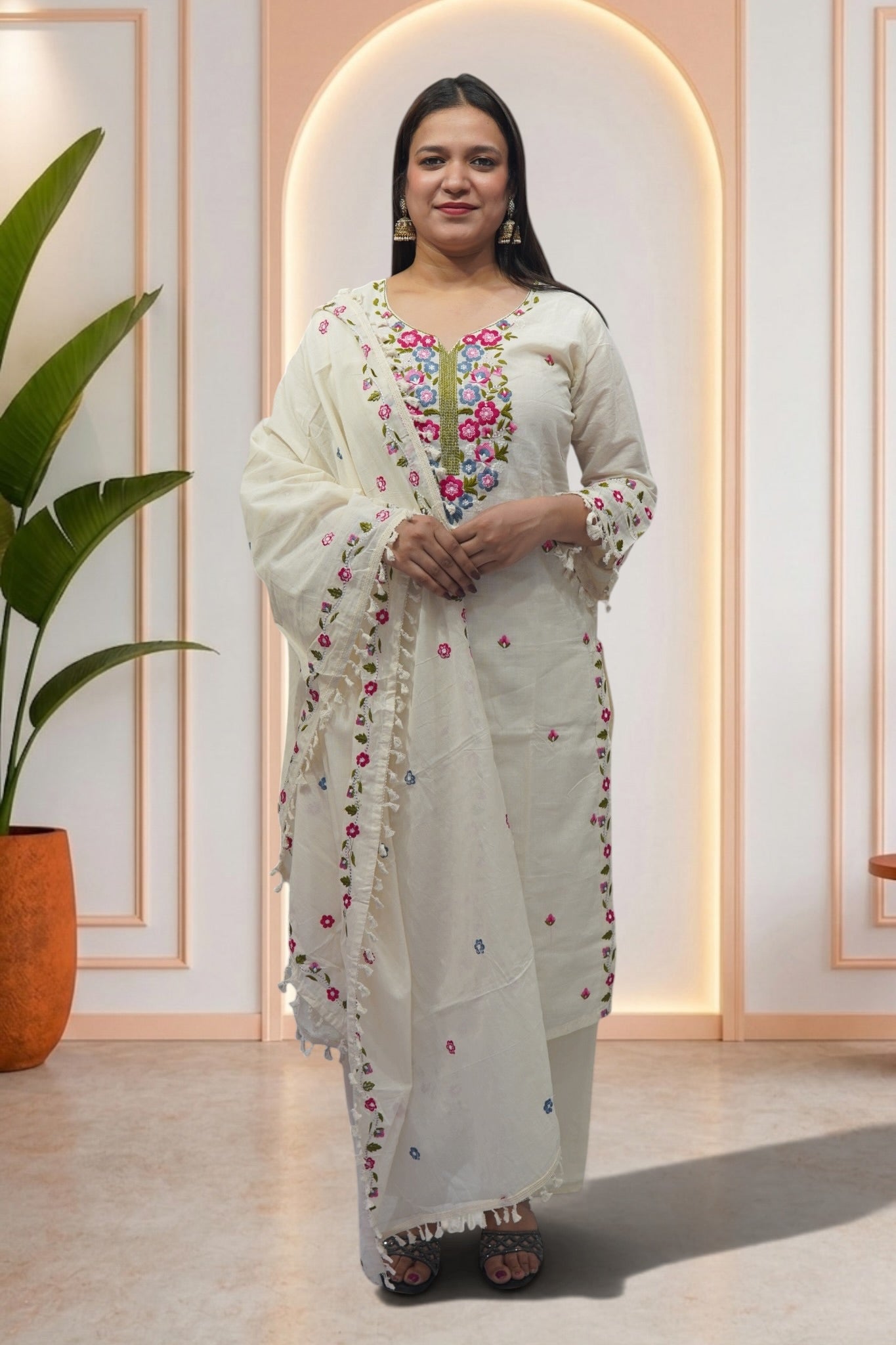 Ivory Cotton-Silk Floral Embroidered Suit Set