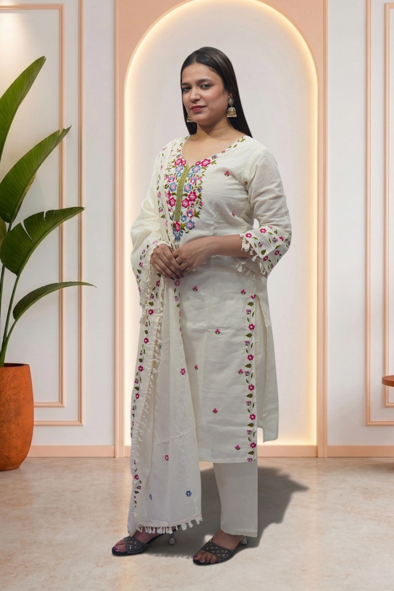 Ivory Cotton-Silk Floral Embroidered Suit Set