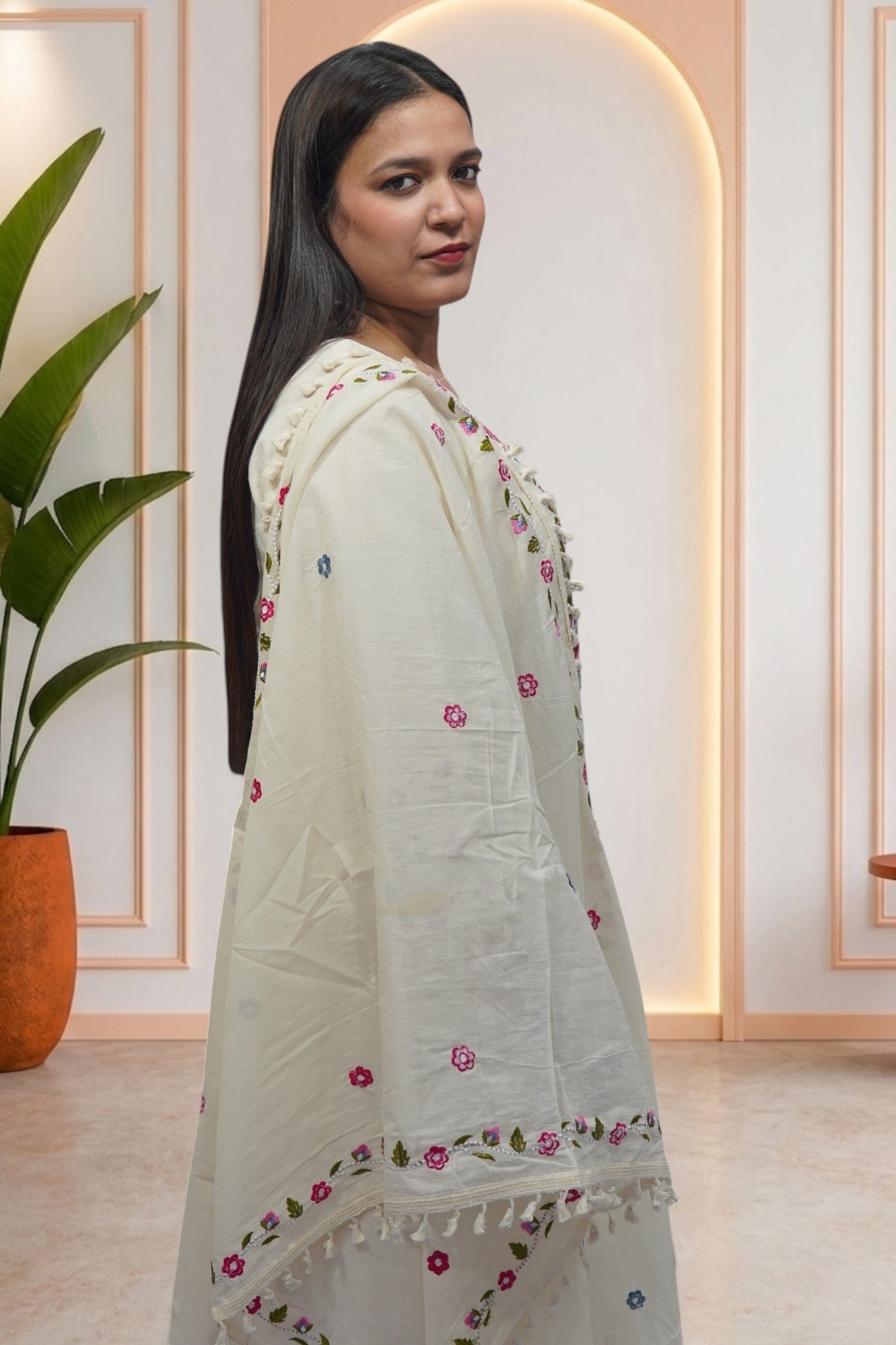 Ivory Cotton-Silk Floral Embroidered Suit Set