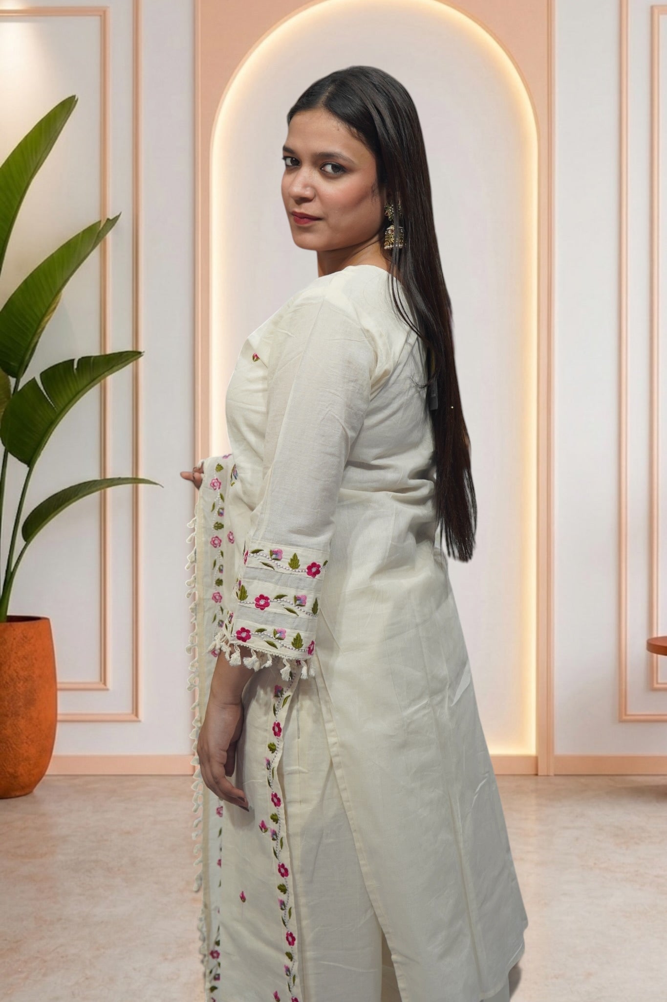 Ivory Cotton-Silk Floral Embroidered Suit Set