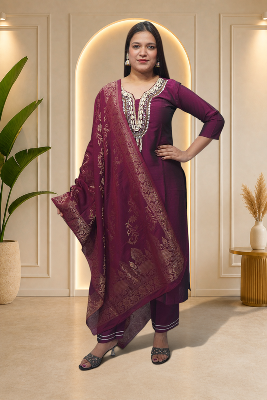 Deep Plum Cowrie-Shell Detail Suit Set