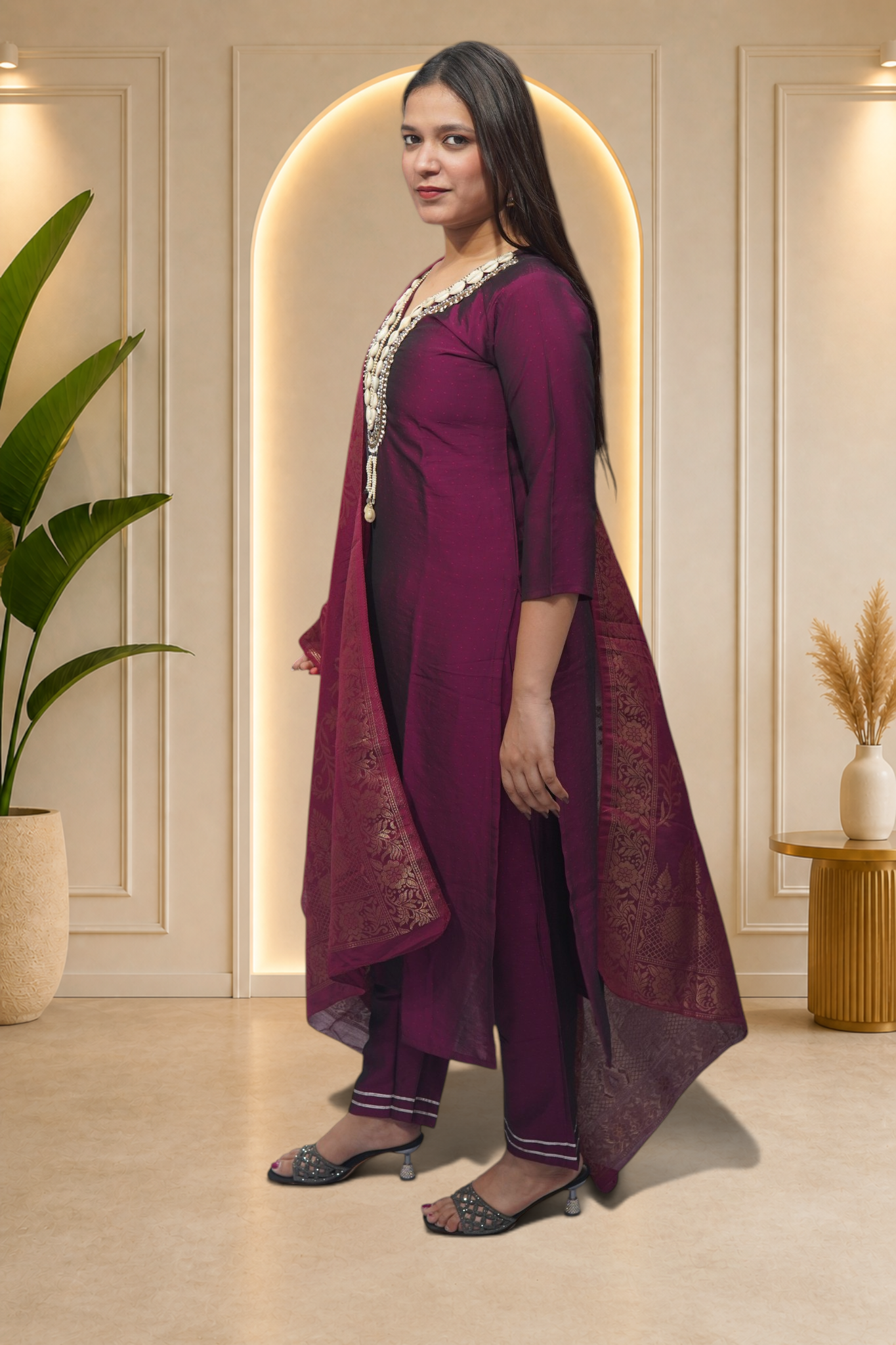 Deep Plum Cowrie-Shell Detail Suit Set