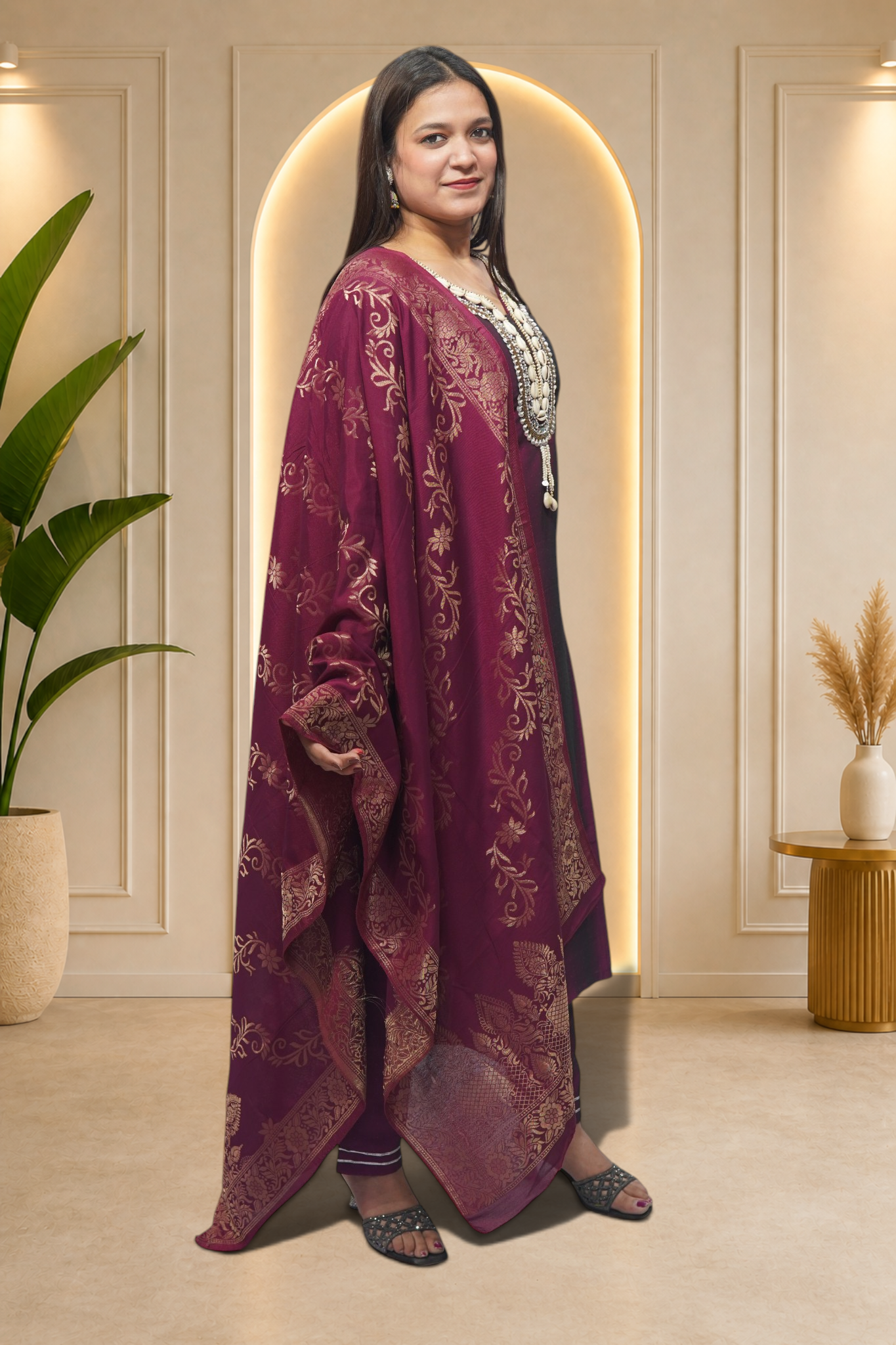 Deep Plum Cowrie-Shell Detail Suit Set