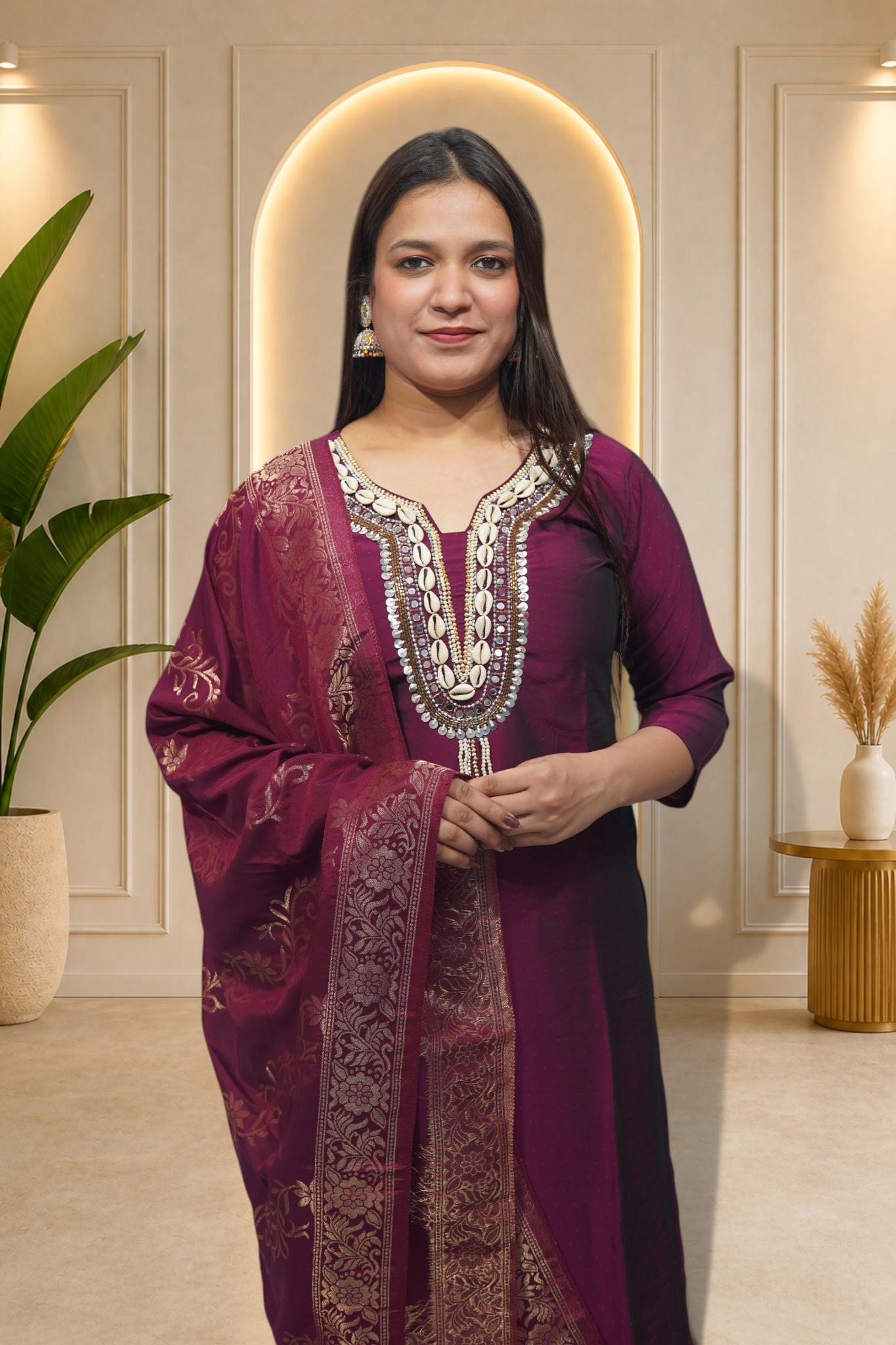 Deep Plum Cowrie-Shell Detail Suit Set