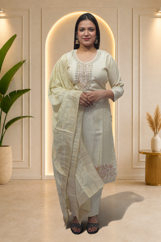 Ivory Floral Embroidered Suit Set