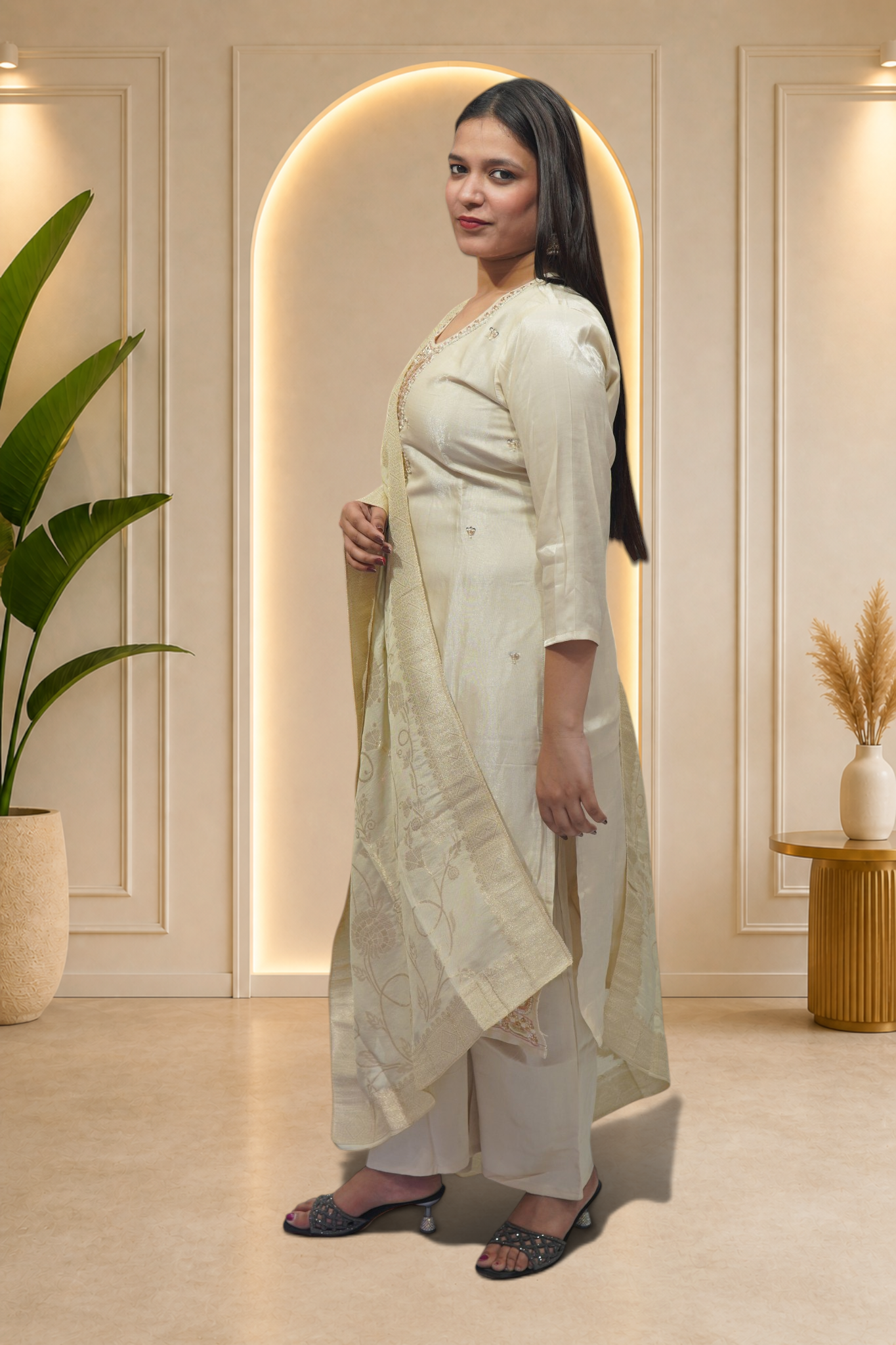 Ivory Floral Embroidered Suit Set