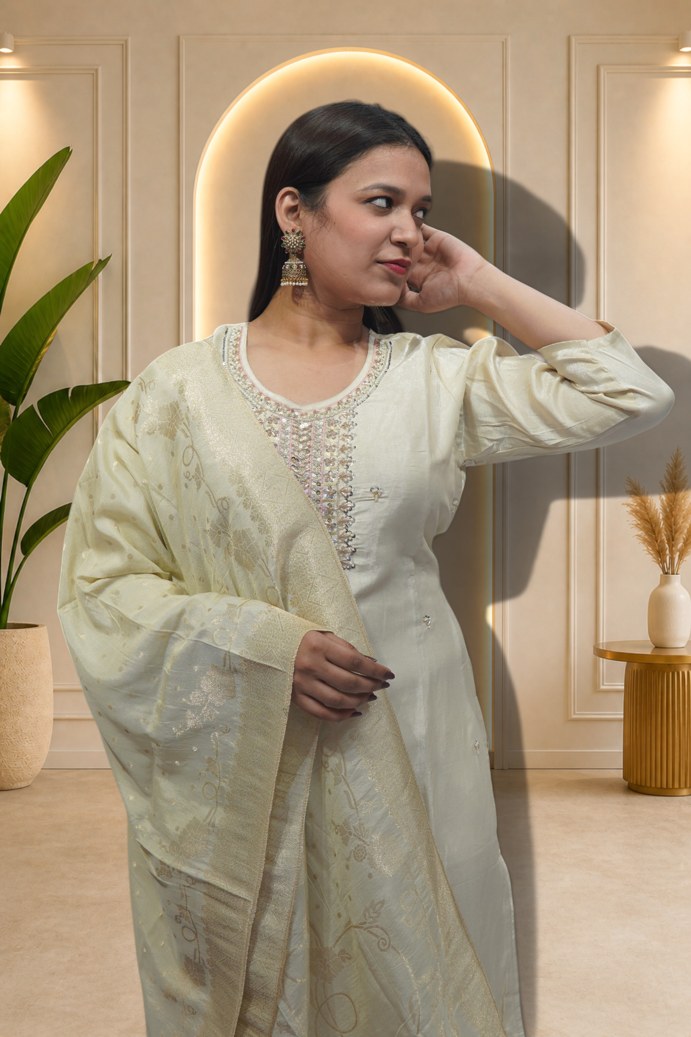Ivory Floral Embroidered Suit Set