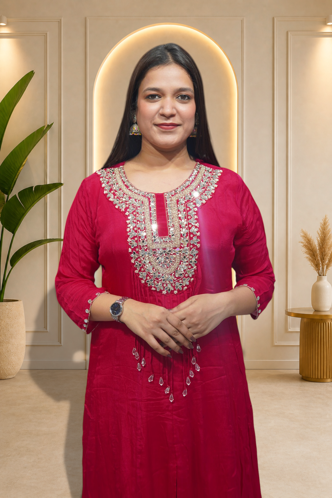 Radiant Fuchsia Mirror-Work A-Line Kurta Set