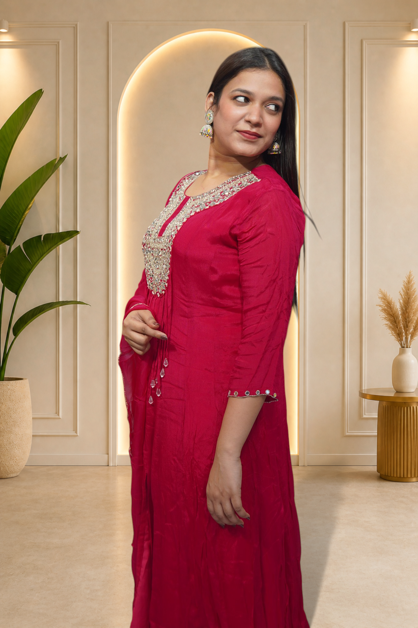 Radiant Fuchsia Mirror-Work A-Line Kurta Set
