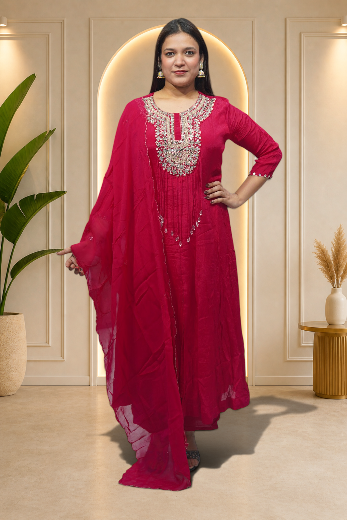 Radiant Fuchsia Mirror-Work A-Line Kurta Set